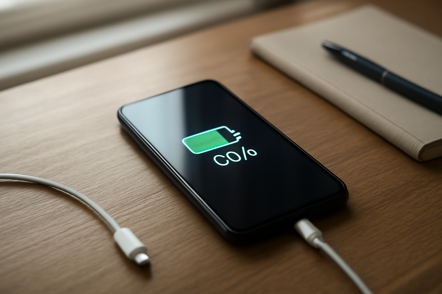 HP di atas meja dengan kabel charger dan buku catatan untuk memantau daya baterai