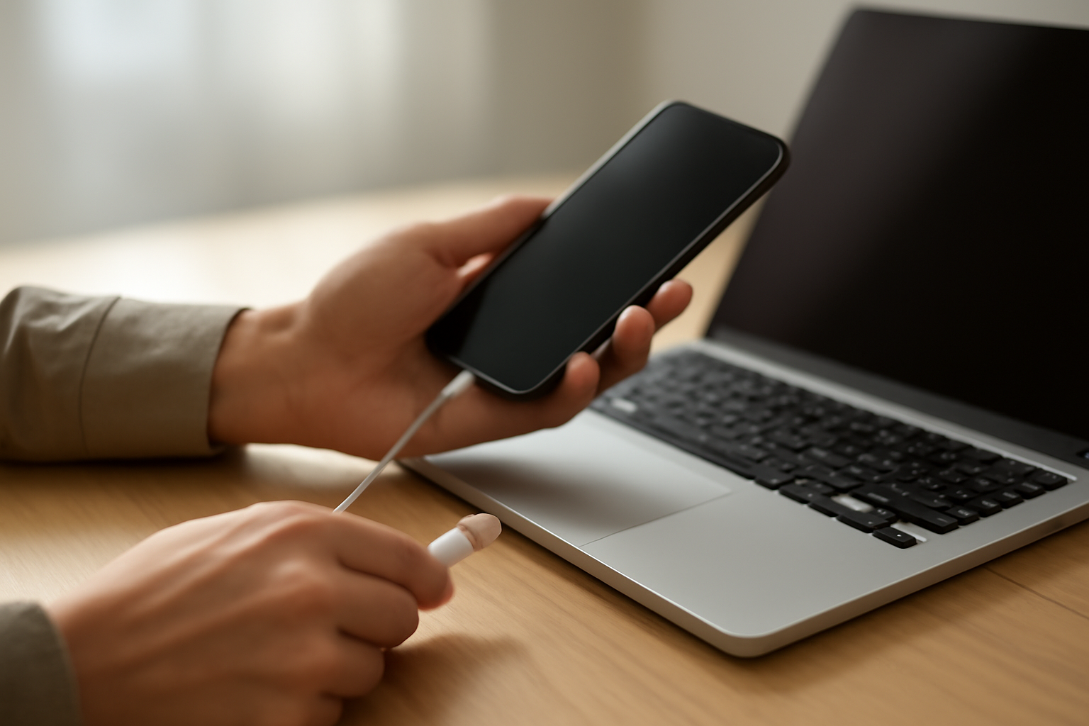 Seseorang menghubungkan HP ke laptop menggunakan kabel USB untuk backup data