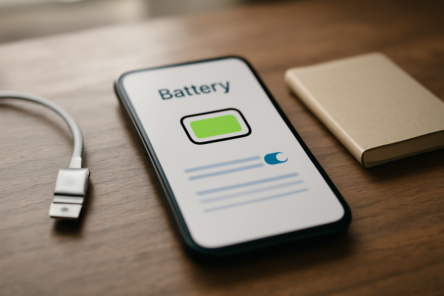 HP Android di atas meja dengan kabel pengisian untuk mengecek kondisi baterai