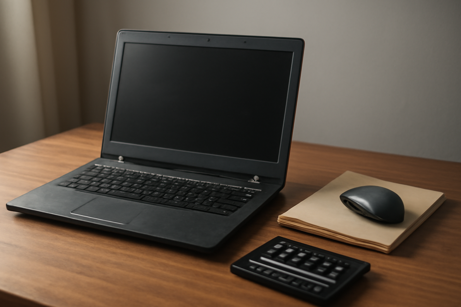 Laptop bekas kantor terbuka di atas meja kayu bersama mouse dan kotak perkakas kecil