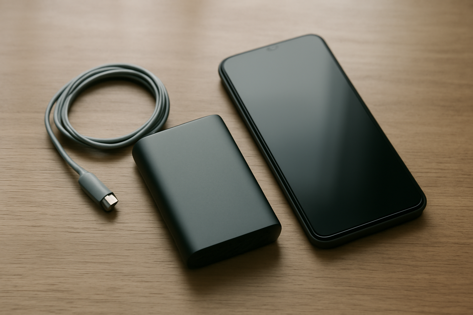 Power bank dan smartphone di atas meja kayu dengan kabel USB-C, ilustrasi memilih power bank sesuai kebutuhan HP