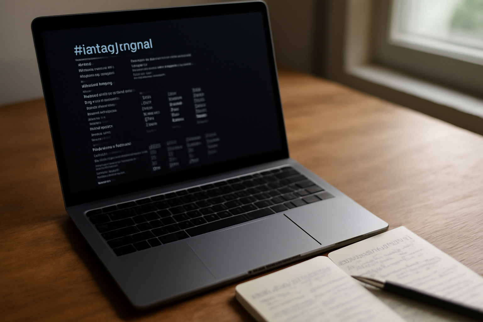 Laptop di meja kayu dengan laporan kapasitas baterai di layar dan catatan perbandingan di sampingnya