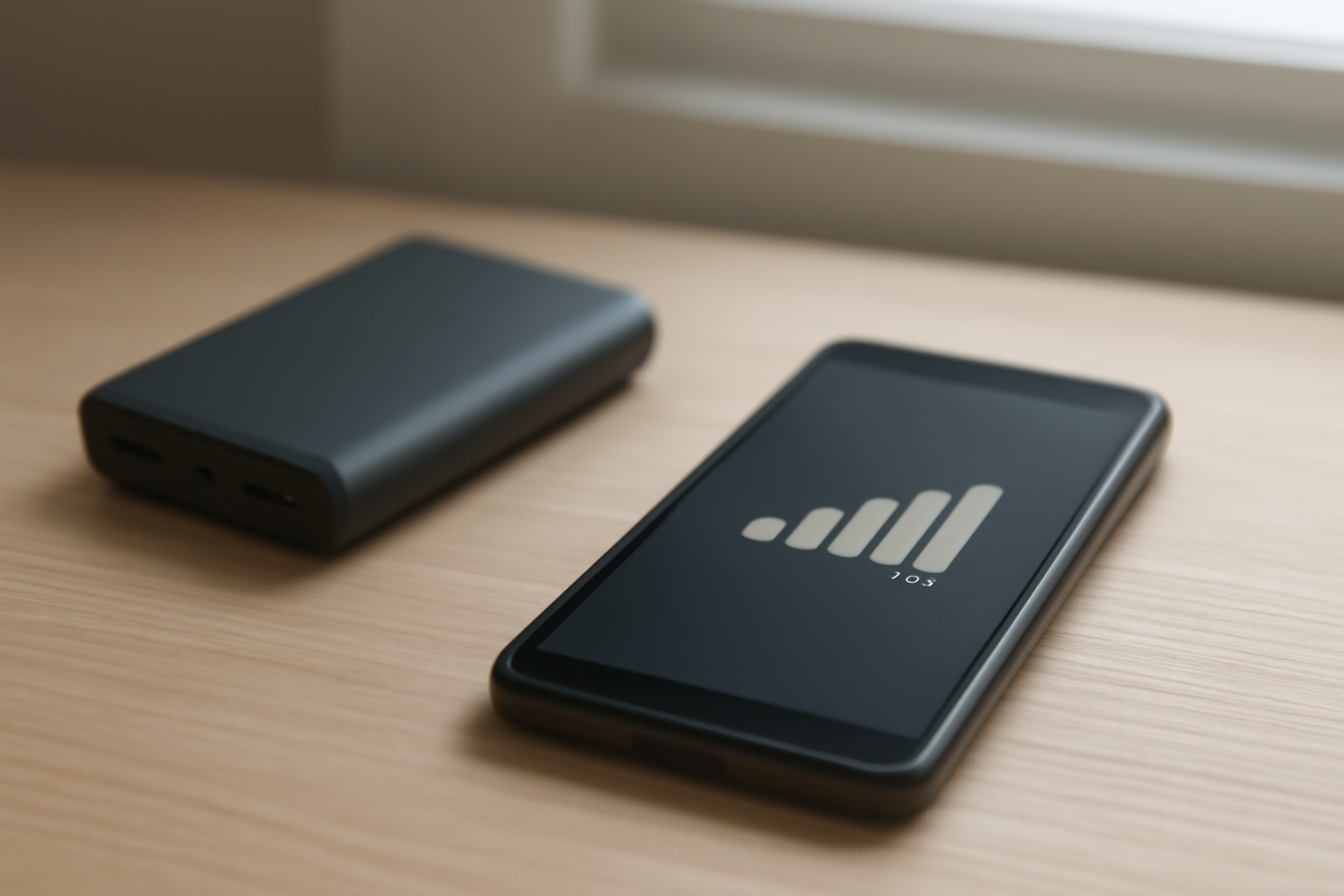 HP dengan indikator sinyal lemah di atas meja bersama power bank untuk menghemat baterai