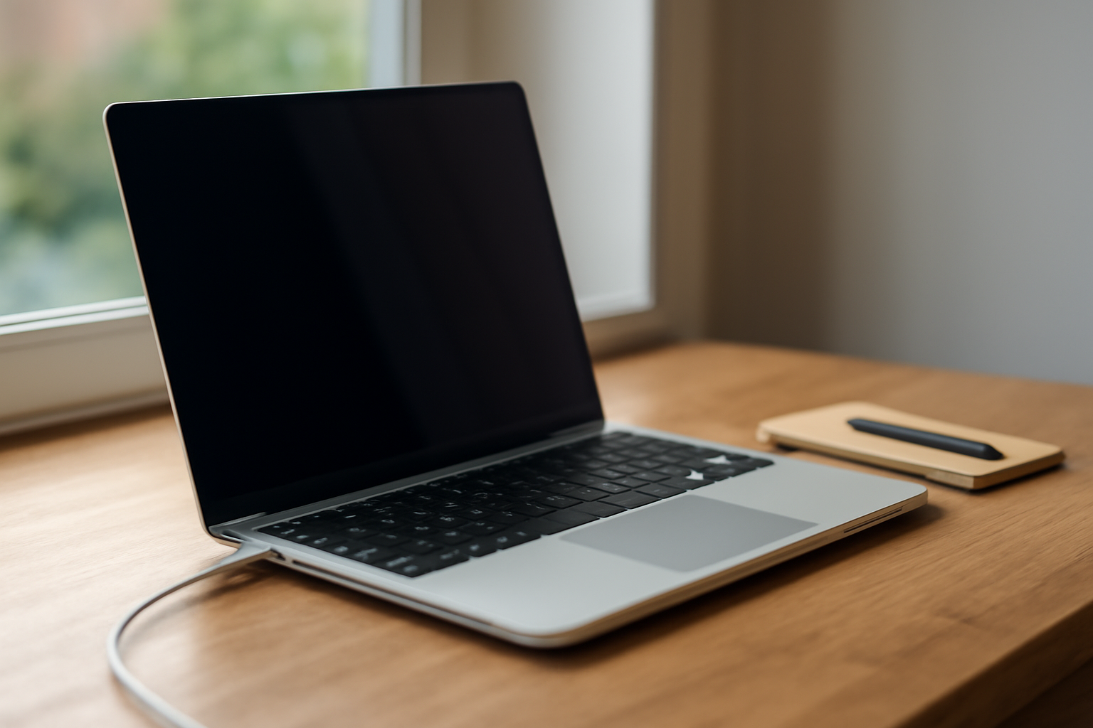 Laptop di meja kayu dekat jendela sedang diisi daya untuk menjaga kesehatan baterai