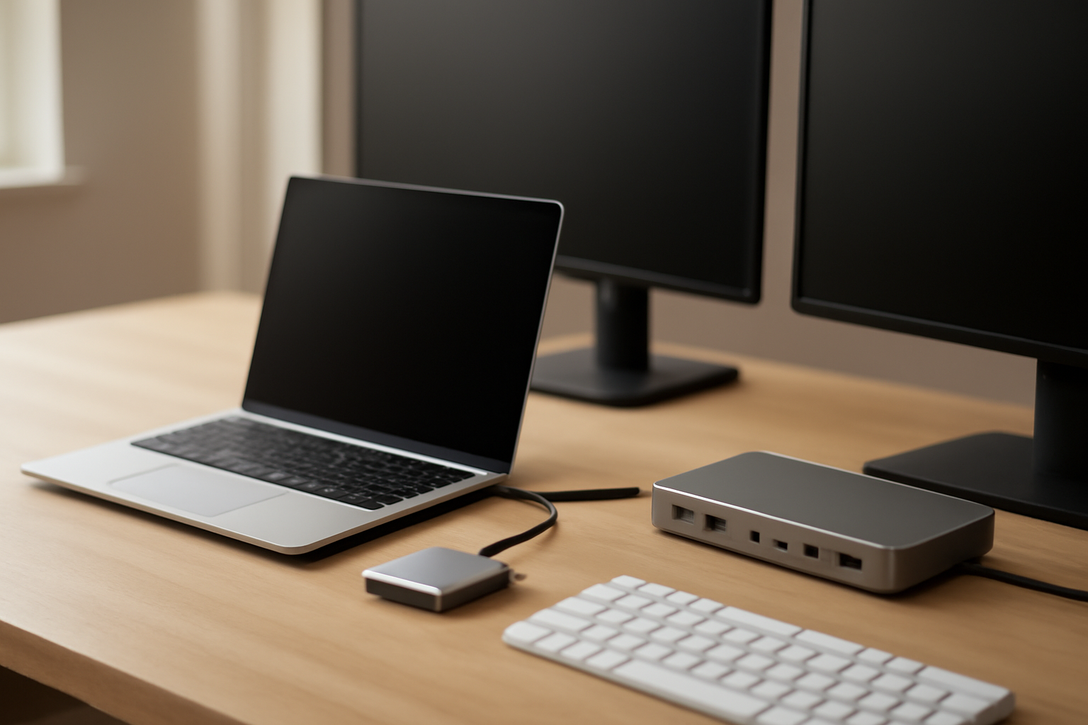 Docking station dan hub USB-C tersambung ke laptop di meja kerja dengan dua monitor eksternal